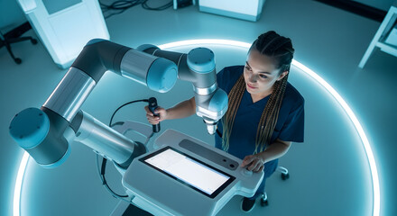 Woman Operating Robotic Arm in Lab.