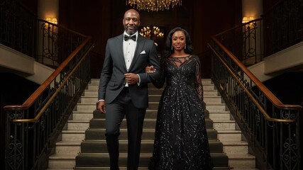A welldressed couple walks down a grand staircase at an elegant evening event