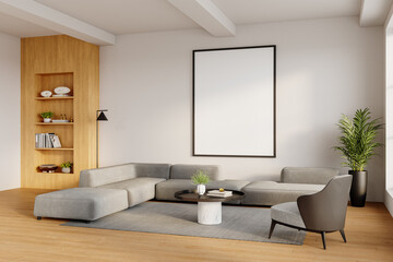 Contemporary living room with large vertical frame poster above sectional sofa - angled front view
