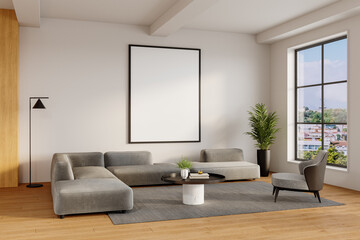  Minimalist living room with black vertical frame poster mockup and wide city window view - angled view