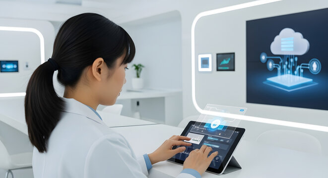 Woman Using Tablet with Interactive Interface in Modern Setting.