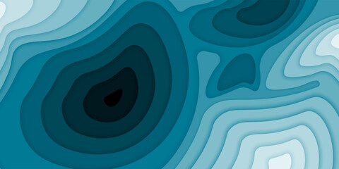 Paper cut topography relief imitation, blue colors multi layers banner. Abstract water flowing liquid texture art design, origami paper cut layer smooth shape vector illustration