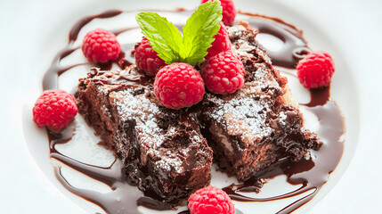Decadent chocolate brownie dessert topped with fresh raspberries and mint leaves, drizzled with rich chocolate sauce, creating an indulgent and visually appealing treat