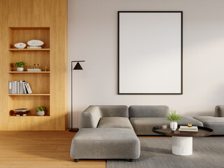 Scandinavian style living room with vertical frame poster mockup and stylish furnishings - balanced front view