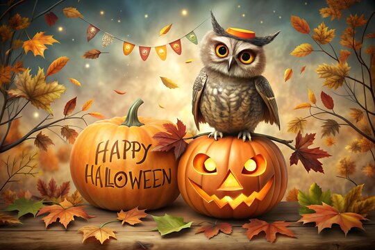 Halloween: an owl wearing a small, elegant pumpkin hat between its horned ears sits on a huge jack-o'-lantern, next to it lies a pumpkin with the inscription: "Happy Halloween".