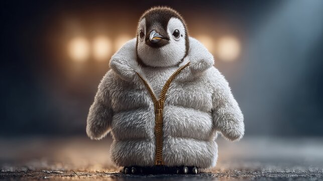 Adorable penguin wearing stylish puffy winter coat in cozy setting