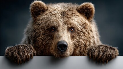 Obraz premium Majestic Brown Bear Peeking Over a Barrier in Soft Light