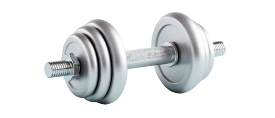 A silver adjustable dumbbell with textured grip handle and threaded collars on both ends for securing weight plates.