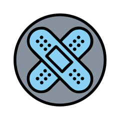 Two crossed blue bandages in a circular frame on white background, symbolizing first aid, healing, injury recovery, medical support, and health protection
