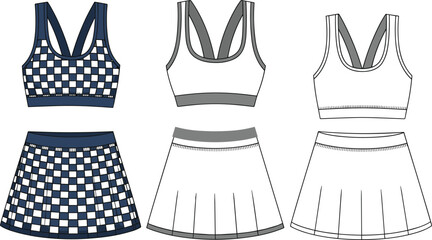 Women's activewear sports bra and pleated tennis skirt set flat fashion sketch, versatile athletic apparel technical illustration, comfortable stylish design for performance.