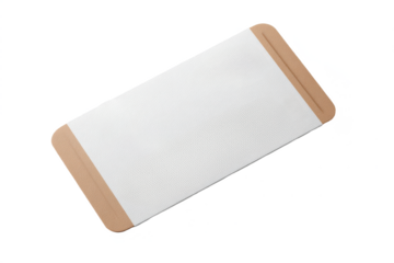 A rectangular adhesive bandage with a white pad center and tan adhesive strips on both ends.