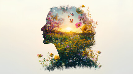 Double exposure of woman's profile blended with wildflowers, sunset sky and nature landscape