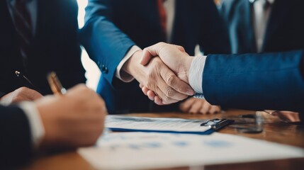 Business people shaking hands during contract signing.