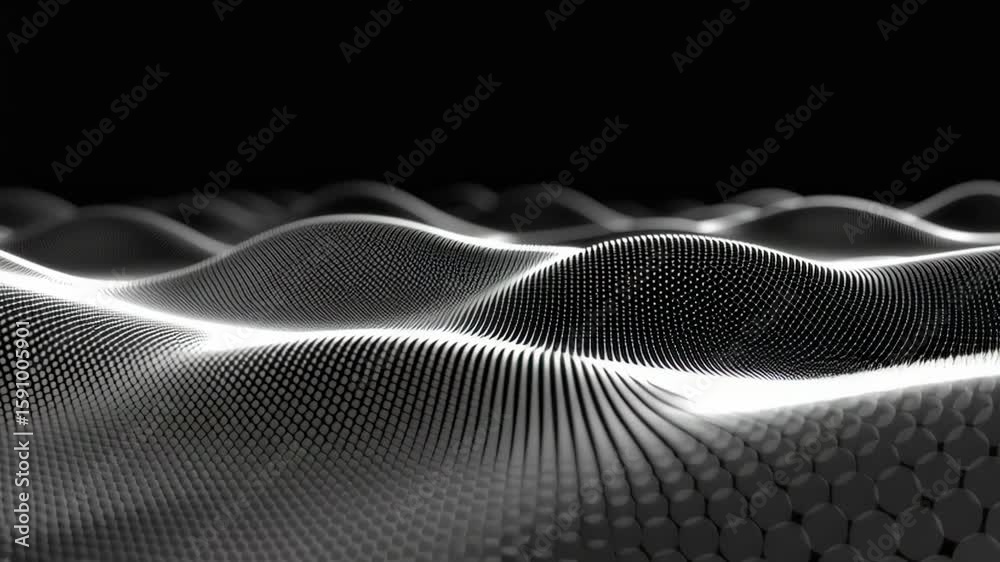 Poster abstract wavy lines with dots creating depth and texture in black and white background design