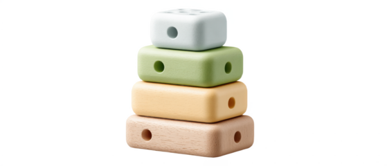 Four stacked wooden blocks in various pastel colors with rounded edges and holes through their centers.