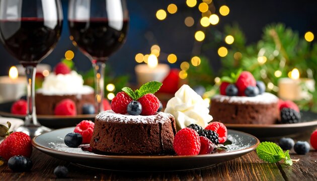 Festive chocolate desserts with berries and whipped cream