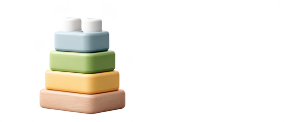 A wooden stacking toy with four colorful, rectangular pieces in different sizes arranged from largest at the base to smallest on top.