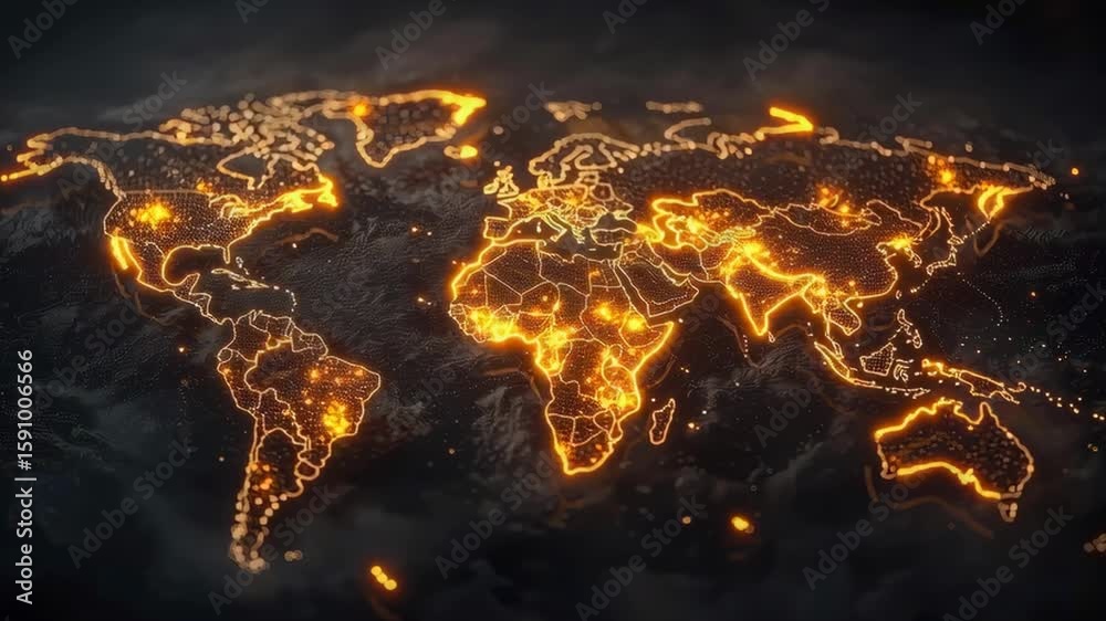 Poster illuminated world map with abstract network design representing global connections and technology