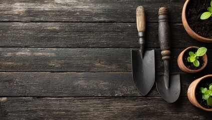 Rustic gardening tools and young plants on dark wood