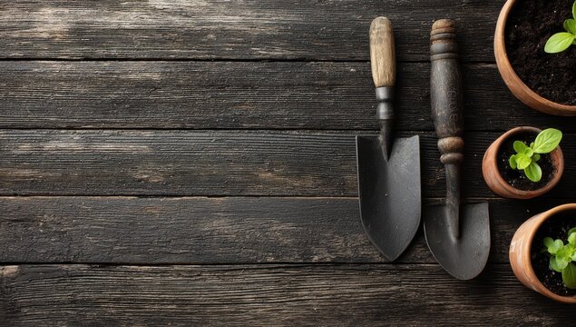 Rustic gardening tools and young plants on dark wood