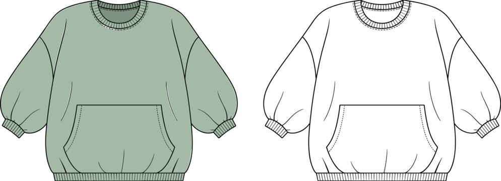Oversized unisex pullover sweatshirt with voluminous sleeves and kangaroo pocket, comfortable casual apparel technical illustration, relaxed fit crew neck top design.