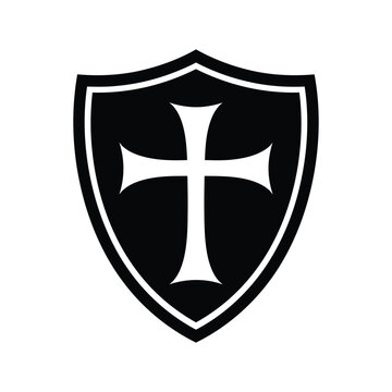A black and white illustration of a templar shield with a cross isolated on white background, great for designs about history or religion