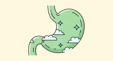 Serene stomach illustration; peaceful, calm digestive system, clouds, stars.