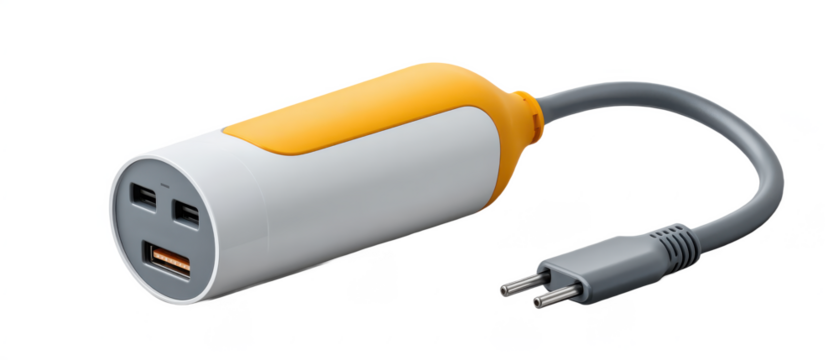 A compact, modern power adapter with USB ports and a plug connected by a short gray cable.