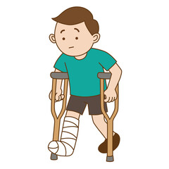 Man walk crutches with while broken ankle and a white cast on his leg ankle. Illustration cartoon on white background.