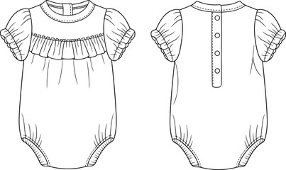  Cute infant baby girl ruffled romper bodysuit flat fashion sketch, adorable newborn short sleeve apparel technical illustration, comfortable and charming design with snap closure.