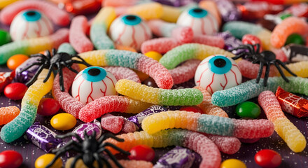 Halloween candy assortment with gummy worms and eyeballs perfect for trick or treating season treat sweets