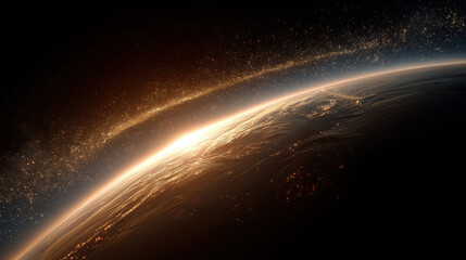 Sleek brown planet part is illuminated by glowing sunrise with twinkling stars in background, creating serene cosmic scene