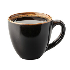 Black coffee mug filled with hot drink isolated on transparent background