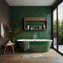 Modern Minimalist Green Bathroom Interior with Freestanding Bathtub and Wooden Sign. Generated with AI
