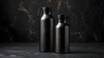 Black Stainless Steel Water Bottle on Dark Stone Background. Generated with AI
