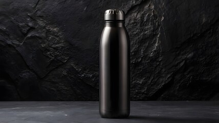 Black Stainless Steel Water Bottle on Dark Stone Background. Generated with AI
