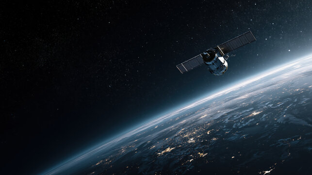 Sleek high tech artificial satellite orbits Earth, capturing stunning views of planet illuminated surface - Powered by Adobe