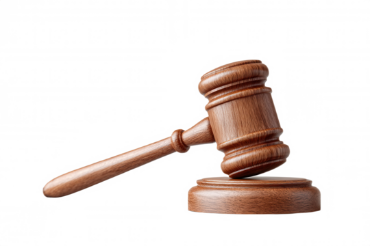 A wooden judge's gavel resting on a round sound block, symbolizing law and justice.