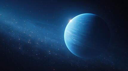 Sleek blue planet with twinkling stars in background, set in vastness of deep space