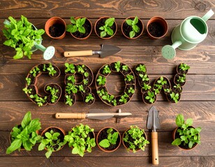 Flat Lay of Growth and Development Concept with
GROW Word Formed by Fresh Green Seedlings and Gardening Tools on Rustic Wooden Background