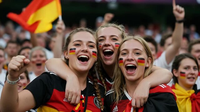 Three excited young female fans cheer enthusiastically at a football match, with german flags and face paint