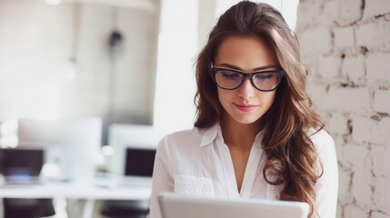 Woman looking at a tablet in an office setting.