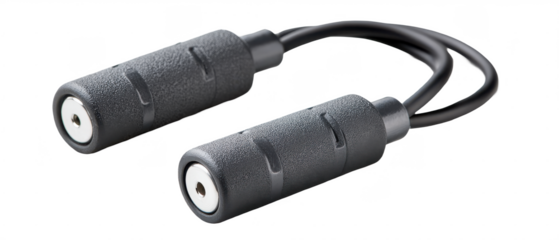 A black dual female 3.5mm audio jack splitter cable with textured grips and short connecting wires.