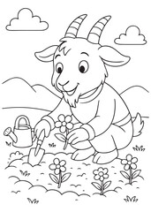 Coloring book goat planting flowers with a trowel.
