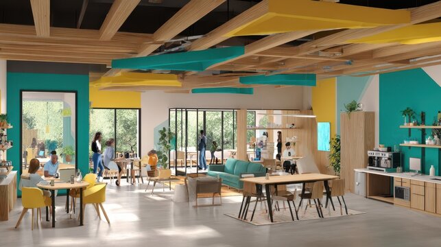 A modern, vibrant office space with a communal area.