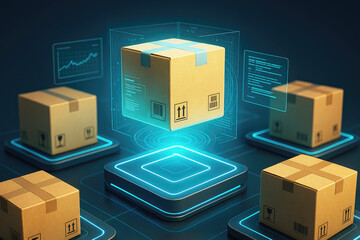 Cardboard boxes with digital interfaces and glowing platforms logistics shipping