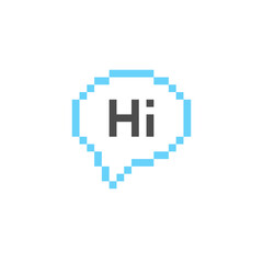 Word hi in 8bit message box. Pixelated welcome text in speech bubble. y2k chatting box icon with greeting. Vector illustration