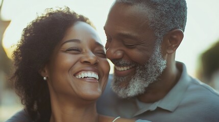 Happy couple laughing outdoors, sunset, city background, romance