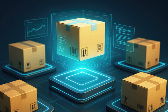 Cardboard boxes with digital interfaces and glowing platforms logistics shipping