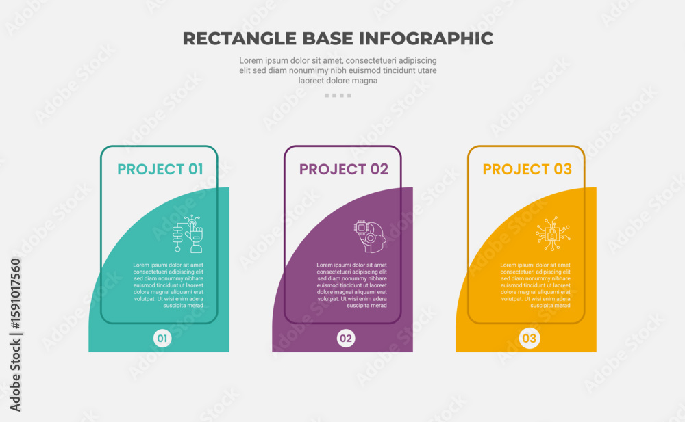 Aufkleber rectangle shape infographic outline style with 3 point template with vertical and quarter circle on 